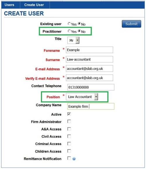 Screenshot of Legal Aid Online System showing the CREATE USER screen.