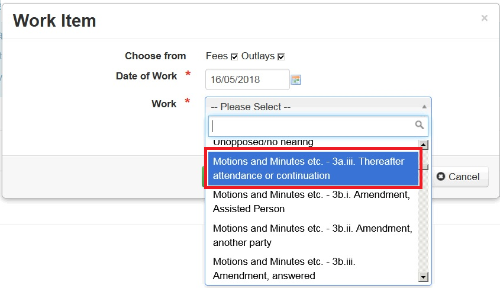 A screengrab of work item 'Motions and Minutes etc. – 3a.iii. Thereafter attendance or continuation’ in the drop down selection field.