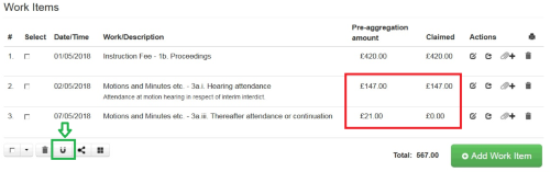 Screengrab highlighting the ‘aggregate work items’ tool’ button to select when work item selected to update to correct amount claimed.