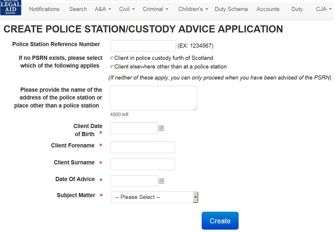 Police Station Custody Advice Screen