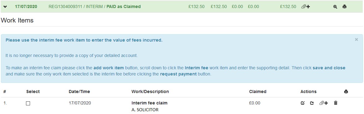 image of screen showing interim fee paid as claimed work items