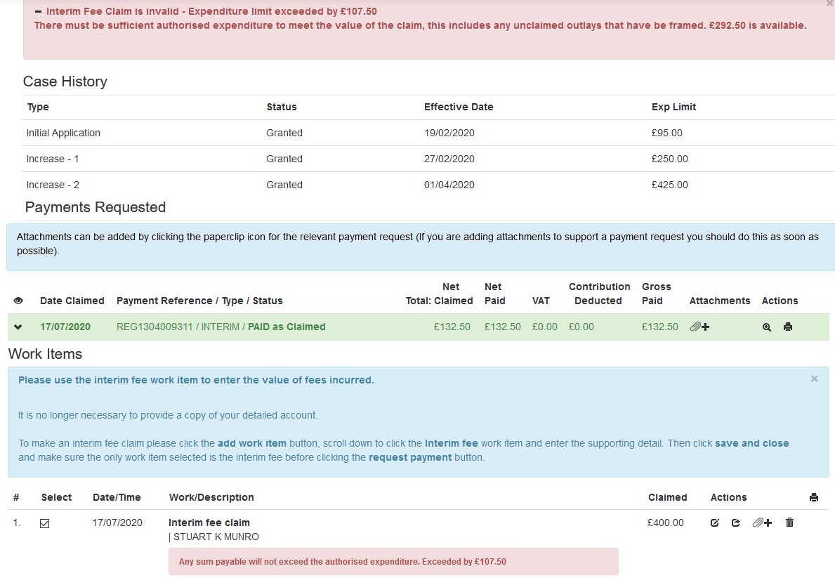 image of screen showing case history and expenditure exceeding maximum interim fee
