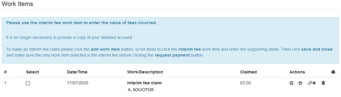 an image showing the work breakdown tab and the A&A interim fee work item