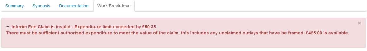 an image showing the Work Breakdown tab and validation warning