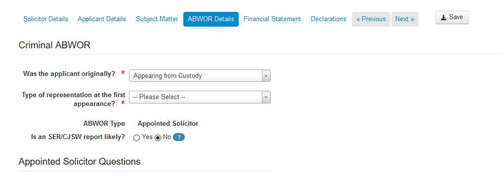 Screengrab of ABWOR details page of the application which allows the user to advise if a SER/CJSW is likely.