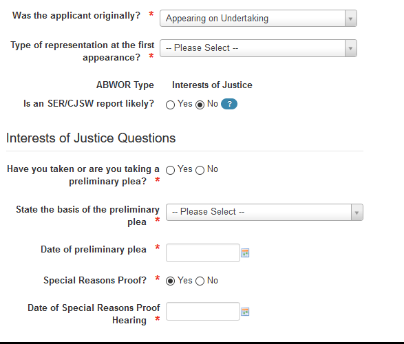 Screengrab of expenditure limit in JP cases, when Yes is ticked, for Interests of Justice questions.