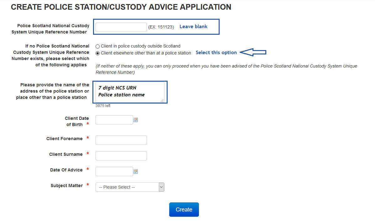 Visual of how the Police Station/Custody Advice Application looks on the Legal Aid Online system.