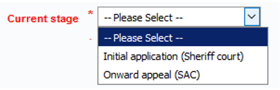 Screengrab of mandatory Current stage question with two options - Initial application and Onward appeal.