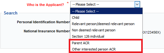 Screengrab of new applicant options, Parent ACR and Other interested person ACR, in applicant drop down menu.