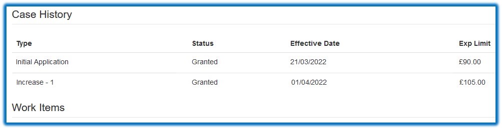 Screengrab of visual of how it will appear where increase has been applied when you access the account case history section.