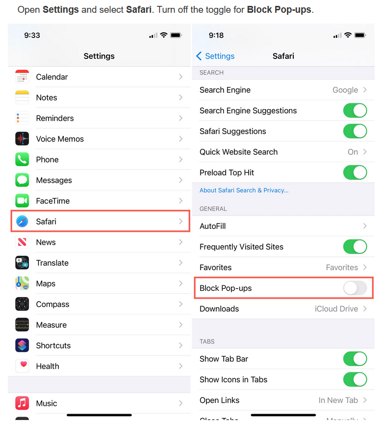 allow pop-ups in Safari on iPhone, iPad and Mac