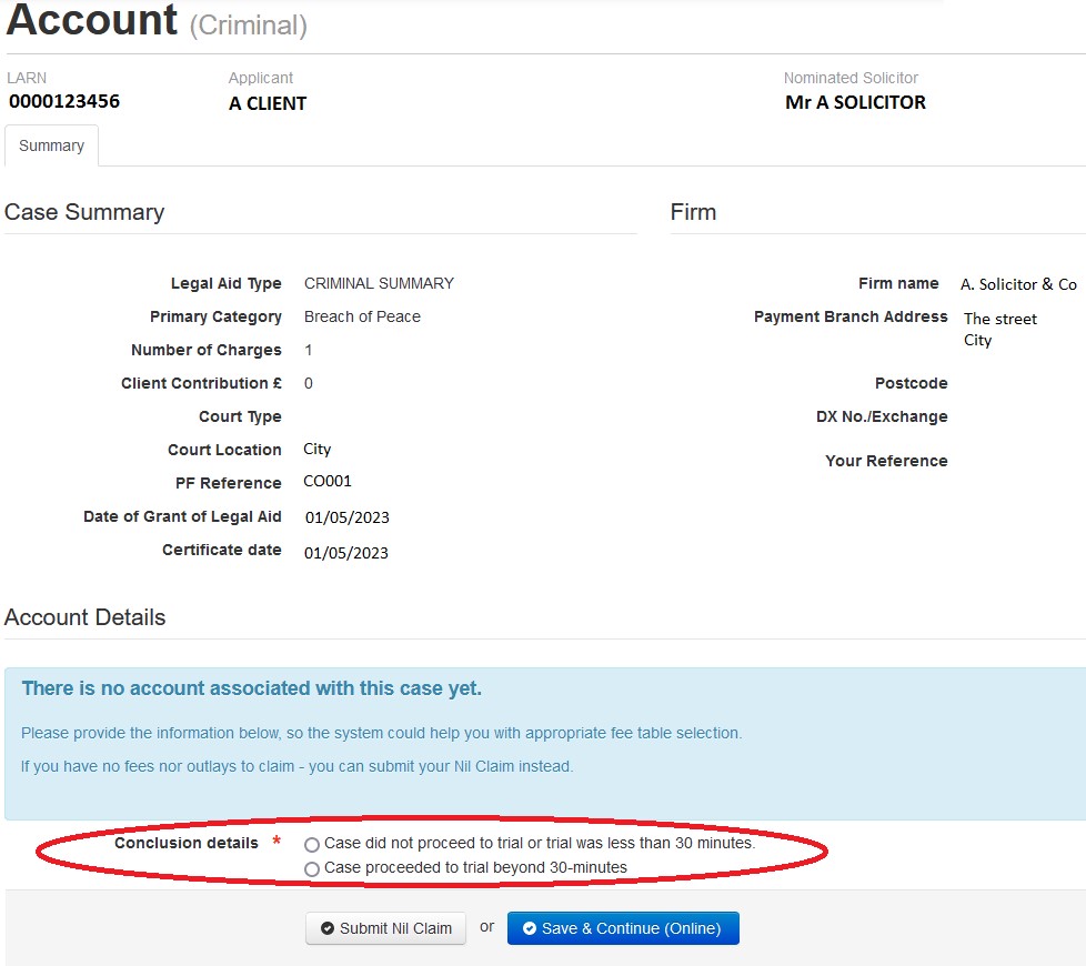 LAOL guidance summary image: Account (Criminal) example page.