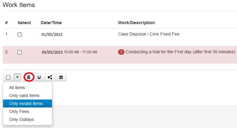 LAOL guidance summary image: Selecting ‘Only invalid work items’ and clicking the bin icon reduces the risk of accidently removing valid work items.