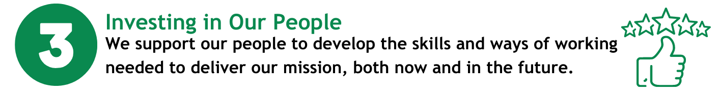 Investing in Our People. We support our people to develop the skills and ways of working needed to deliver our mission, both now and in the future.