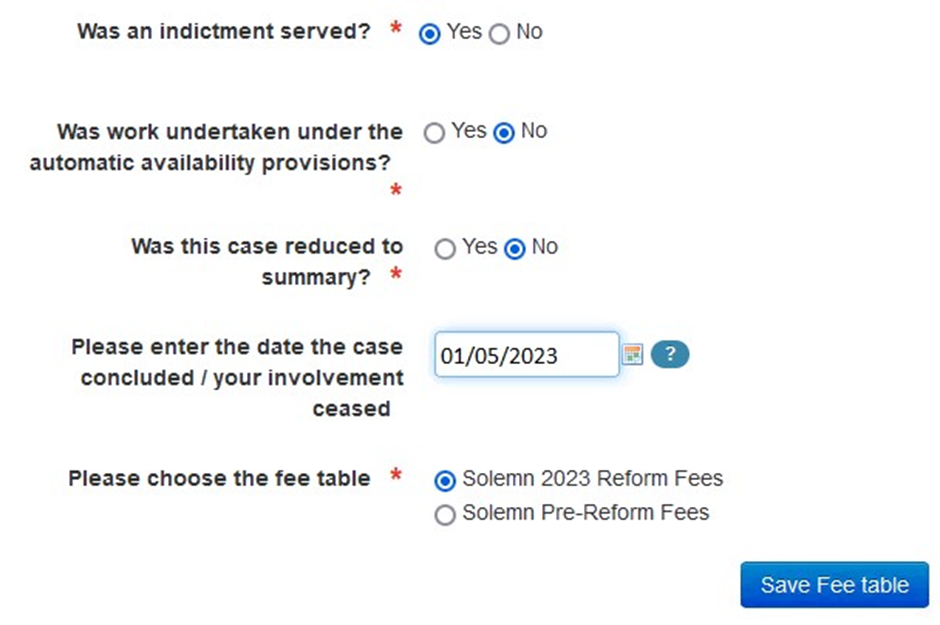 snippet of Solemn Pre-Reform Fees option screen