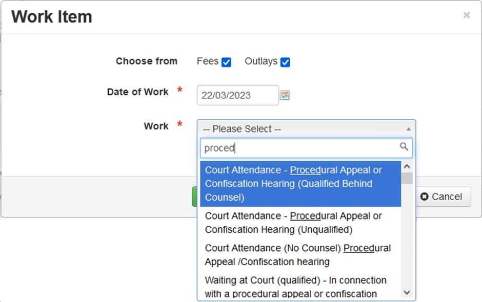 Snippet of work item screen showing Court Attendance drop down options