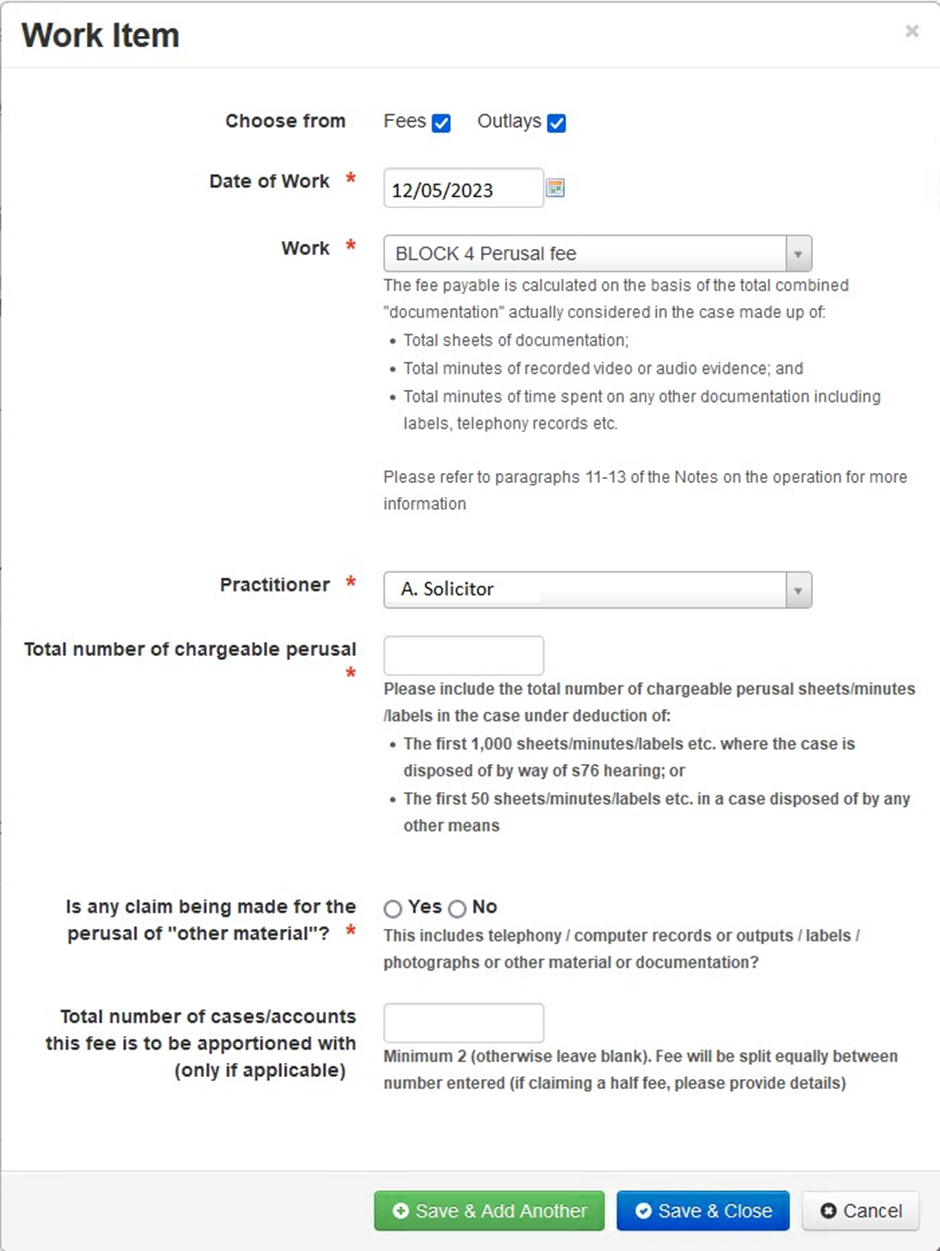 Snippet of work item screen showing BLOCK 4 perusal fee selection