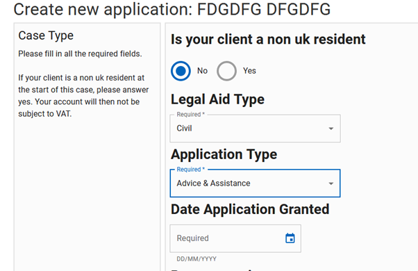 Image of the system showing the" Is your client a non-UK resident" question with the "Date Application Granted" data field showing.