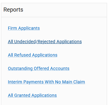 Screen shot that shows a list of reports available through our online system, including Interim Payments With No Main Claim’