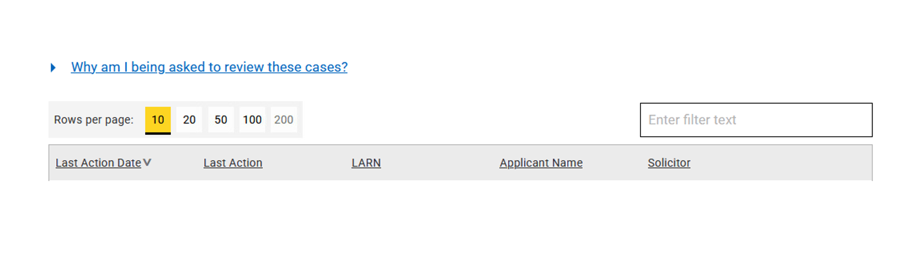 Screenshot shows details available in the report, including the legal aid reference number (LARN), the last action we have recorded on our records; and the date.