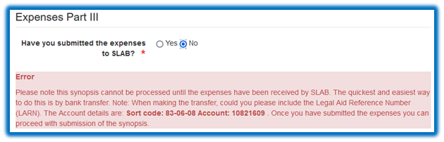Screenshot from legal aid online asking for confirmation that judicial expenses have been submitted