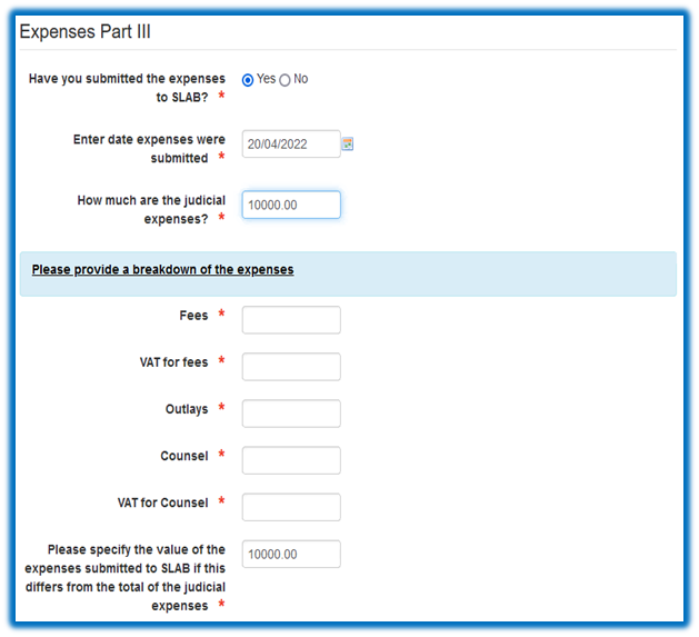 Screenshot from legal aid online aking for breakdown of judicial expenses claim