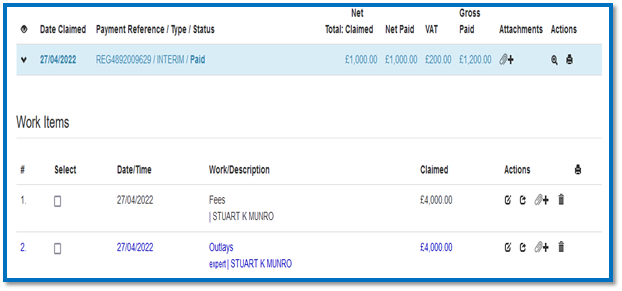 Screenshot from legal aid online showing amounts being claimed