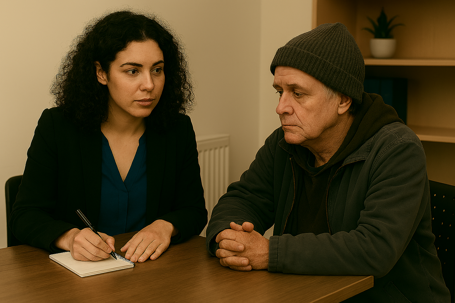 Civil solicitor advising a client in an interview. Female solicitor is taking notes while her male client explains the circumstances of his case.