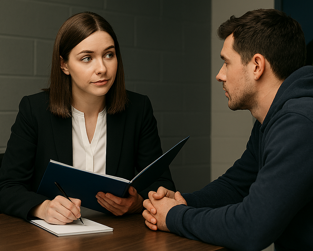 Criminal solicitor advising a client in a police station interview. Female solicitor is taking notes while her male client explains the circumstances which resulted in his arrest.