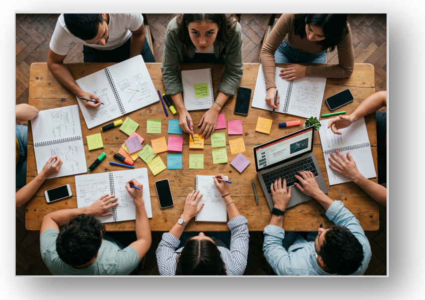 Photo over a table with people working together - writing postit notes, typing on laptops or writing in pads