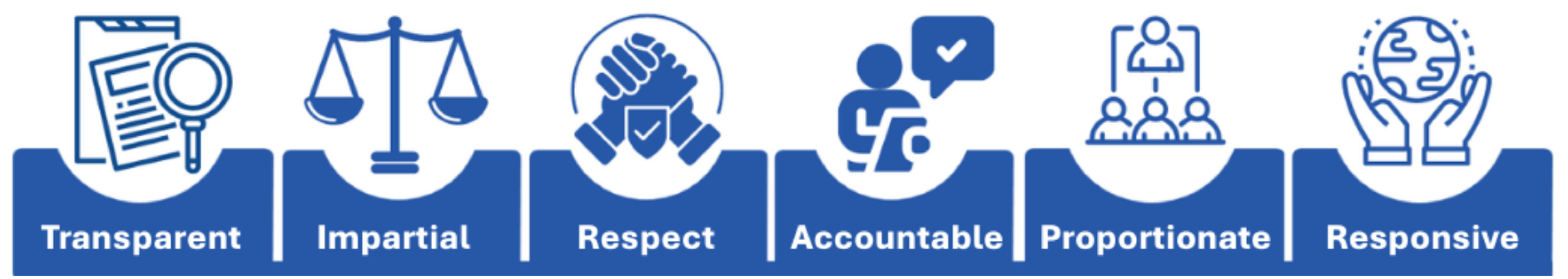 A visual showing our six values, which are explained below.